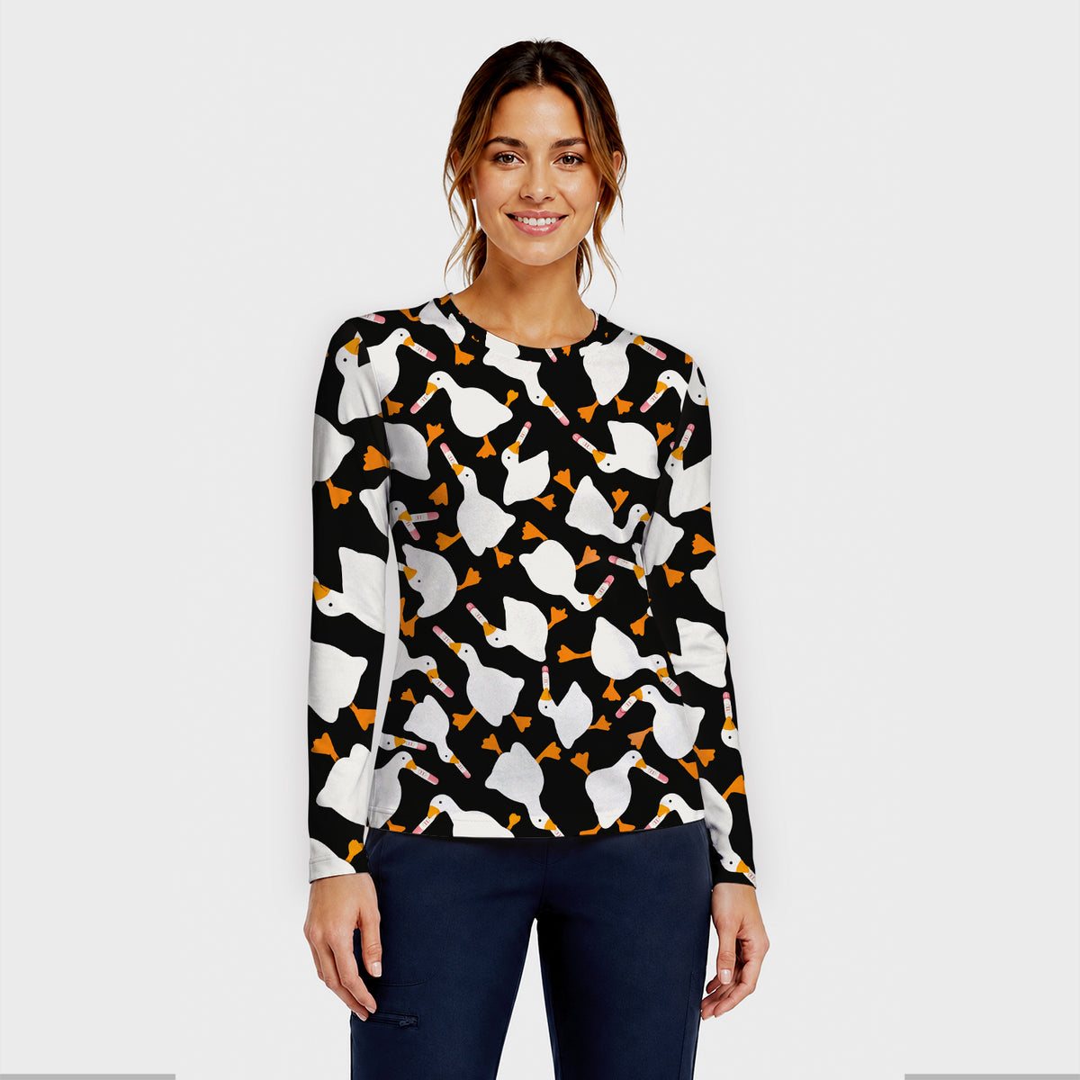 Funny Geese Holding Pregnancy Test Underscrub, Long Sleeve Shirt for Nurses