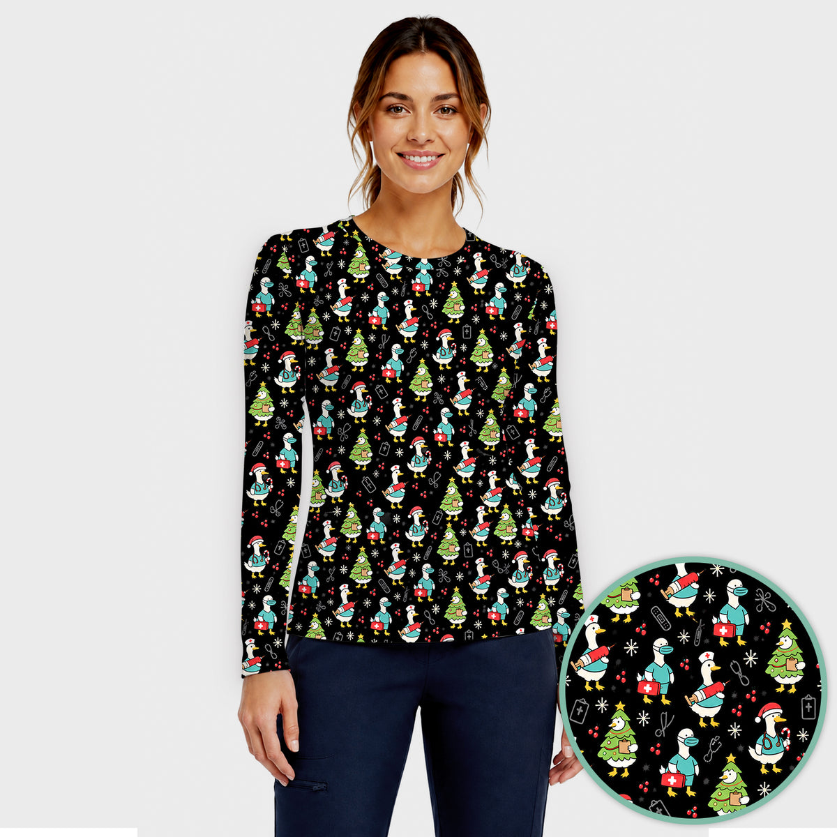 Cute Christmas Nurse Goose Underscrub, Long Sleeve Shirt for Nurses