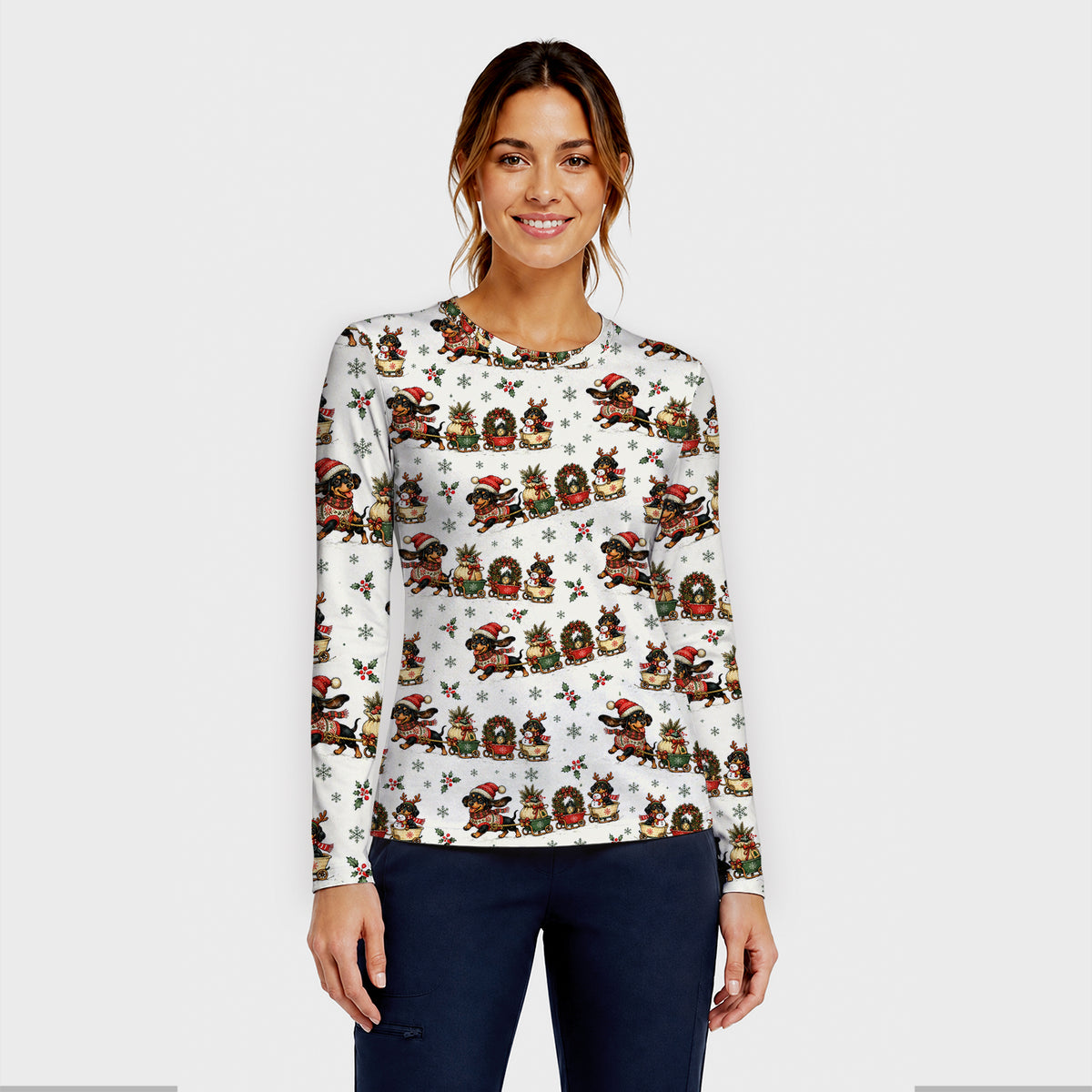 Christmas Dachshund Wagon Train Underscrub, Long Sleeve Shirt for Nurses