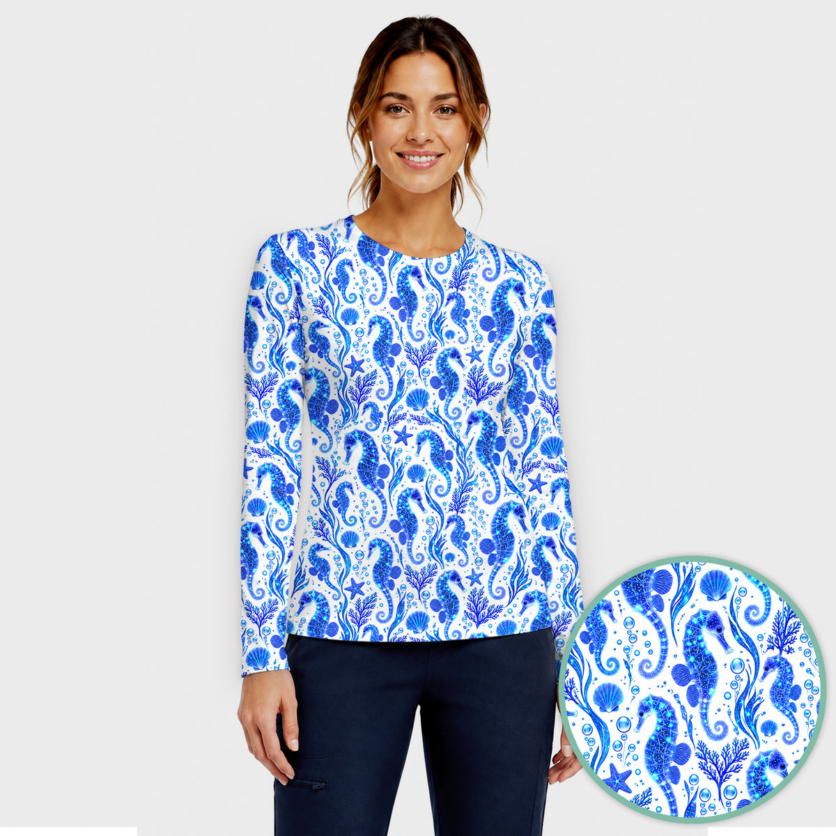 Blue Ocean Seahorse Pattern Underscrub, Long Sleeve Shirt for Nurses