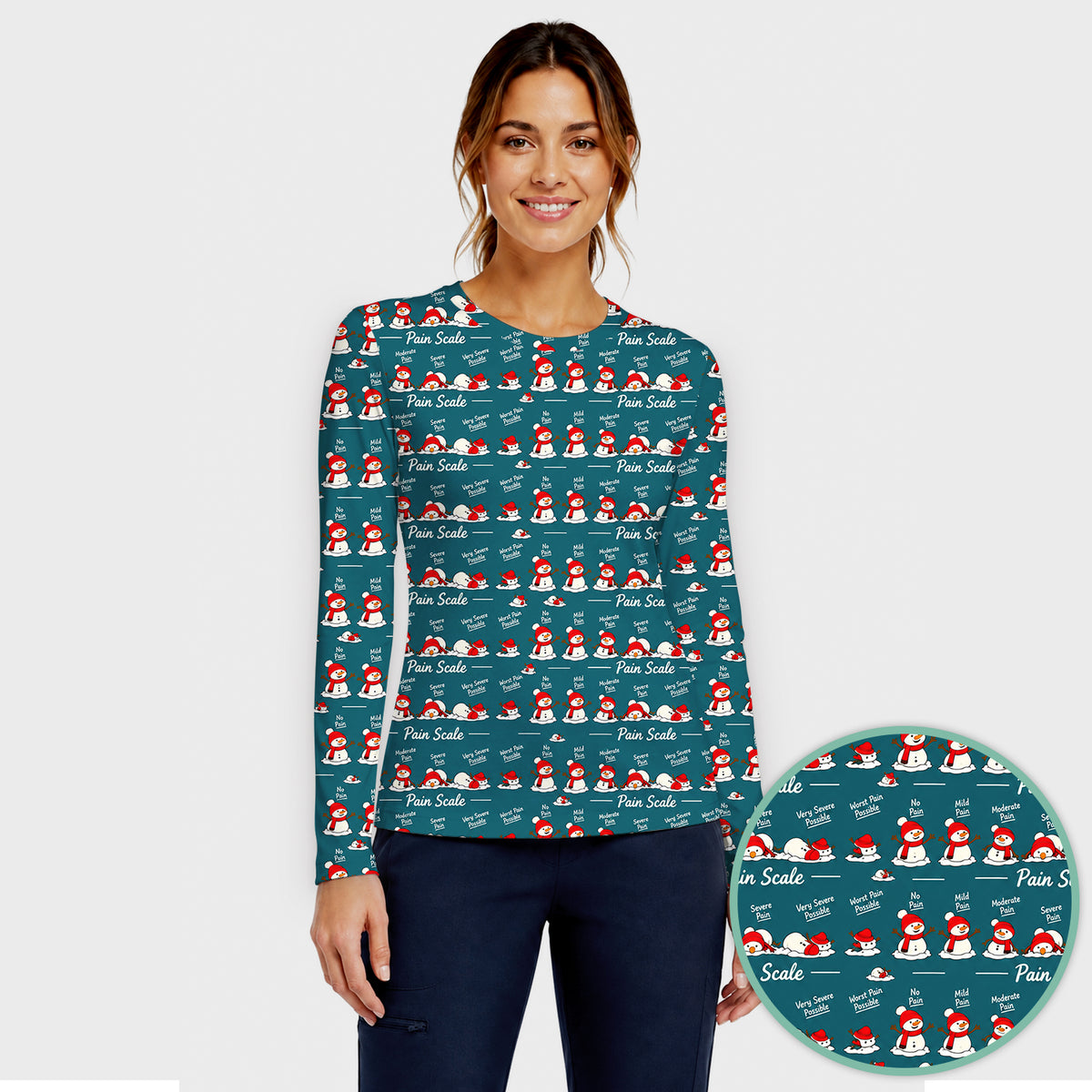 Funny Christmas Snowman Pain Scale Underscrub, Long Sleeve Shirt for Nurses