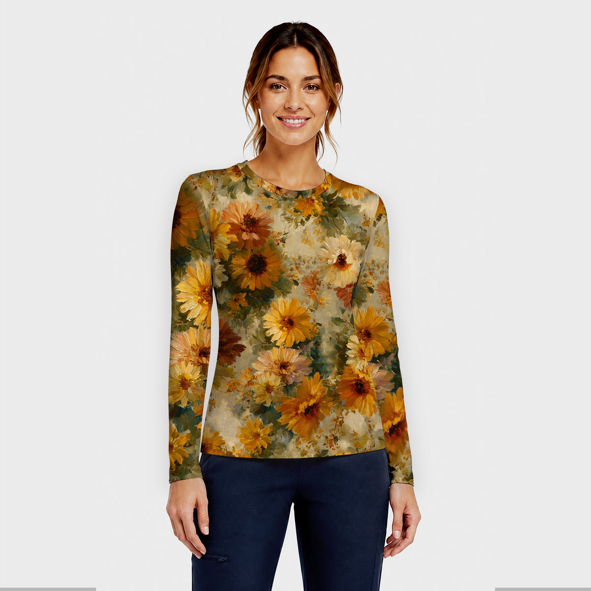 Vintage Sunflower Oil Painting Underscrub, Long Sleeve Shirt for Nurses