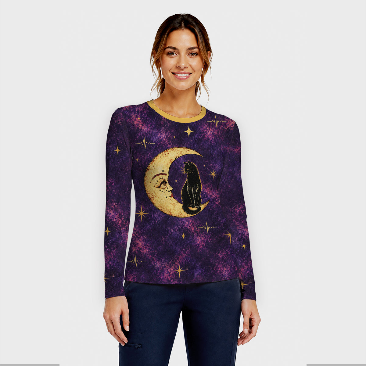 Celestial Nurse Black Cat Crescent Moon Underscrub, Long Sleeve Shirt for Nurses