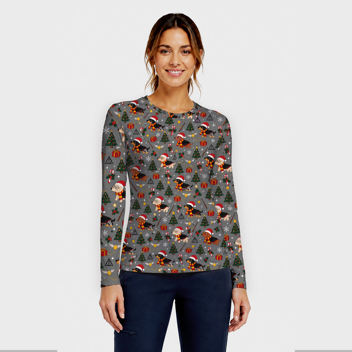 Christmas Wizard Dachshunds Pattern Underscrub, Long Sleeve Shirt for Nurses