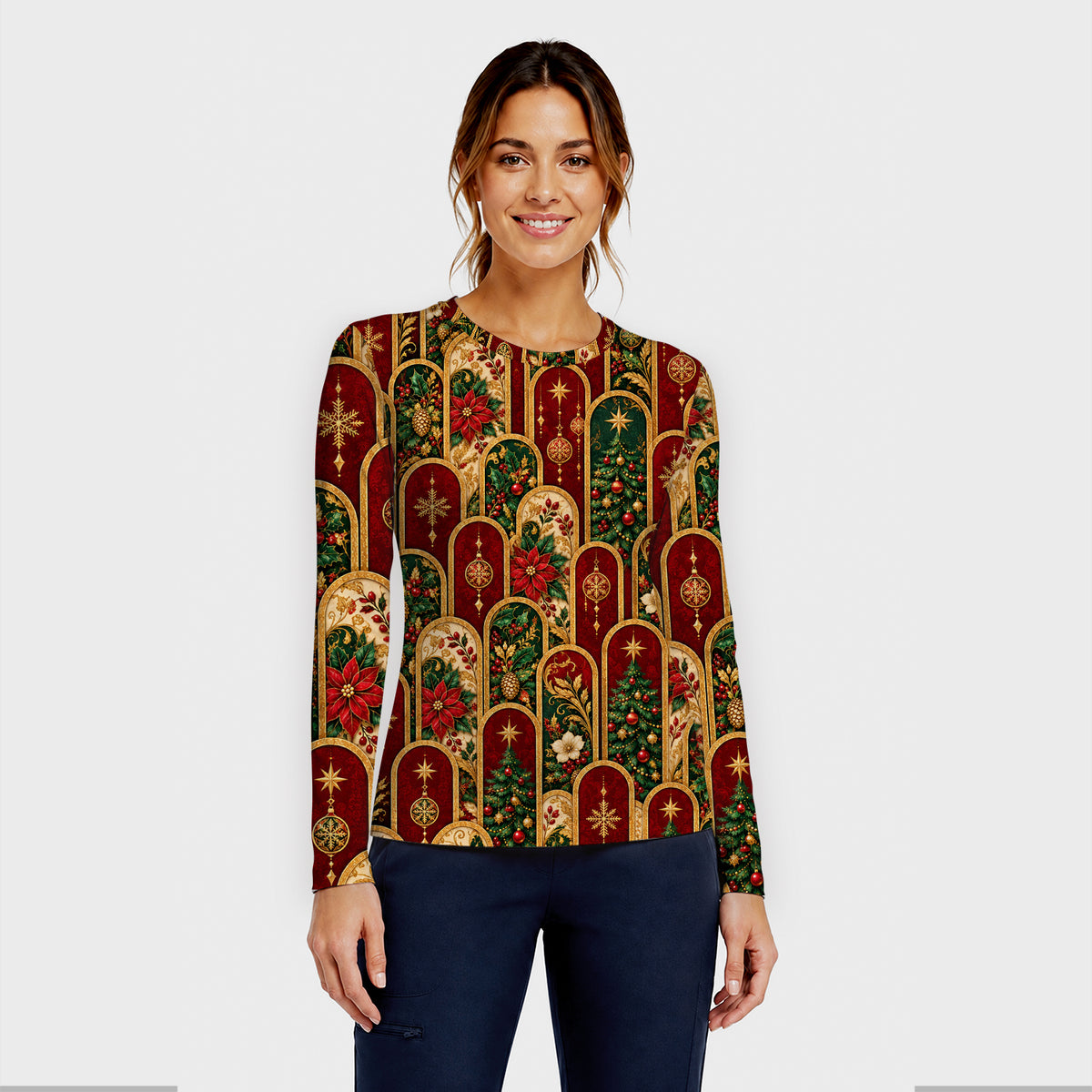 Elegant Christmas Poinsettia Gold Arch Pattern Underscrub, Long Sleeve Shirt for Nurses