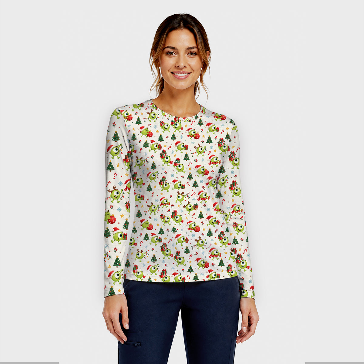 Christmas One Eyed Green Monsters Underscrub, Long Sleeve Shirt for Nurses