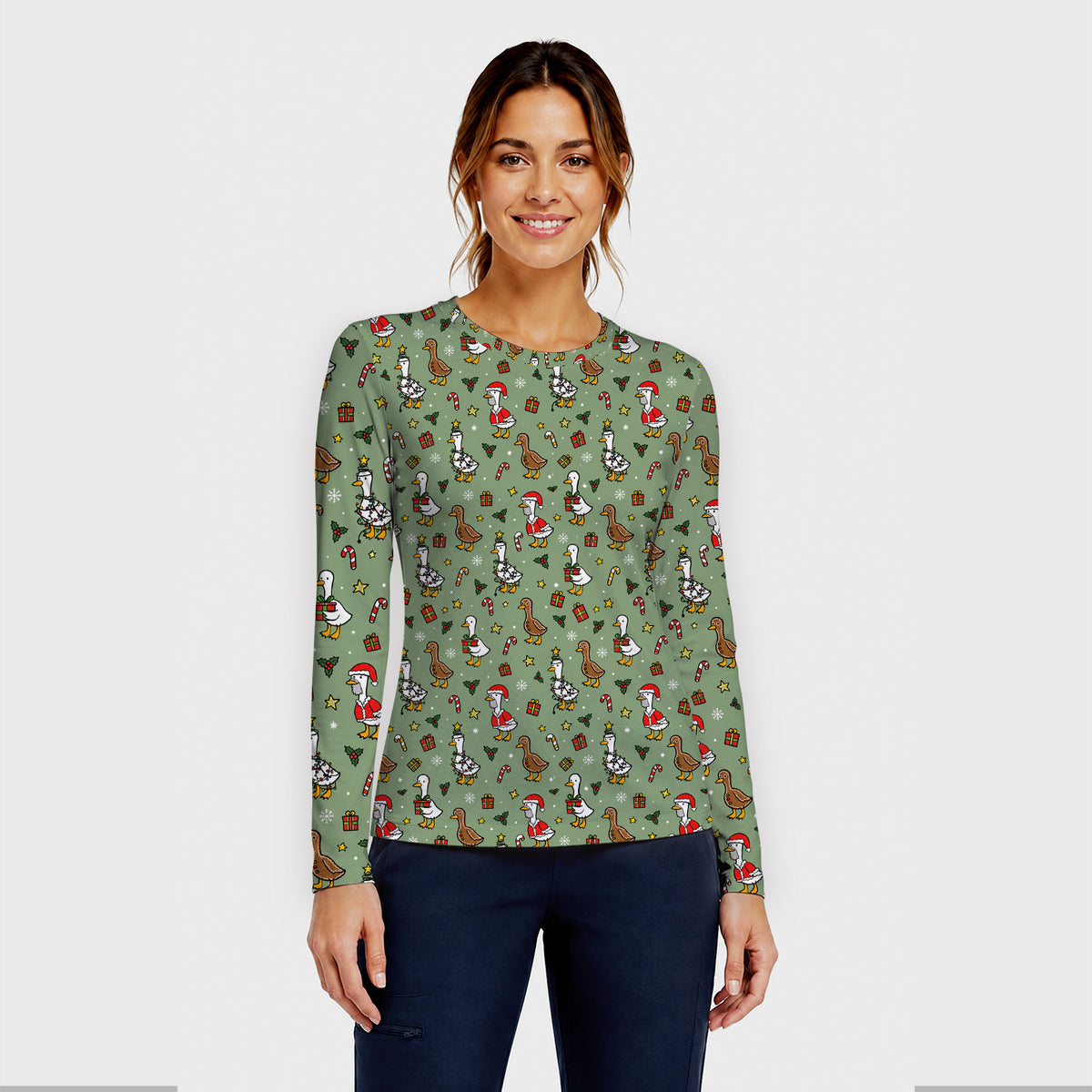 Christmas Geese In Festive Costumes Underscrub, Long Sleeve Shirt for Nurses