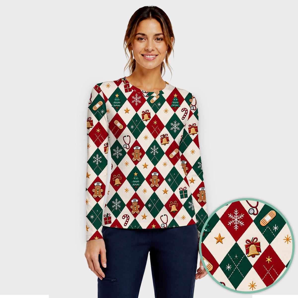 Christmas Gingerbread Nurse Argyle Underscrub, Long Sleeve Shirt for Nurses