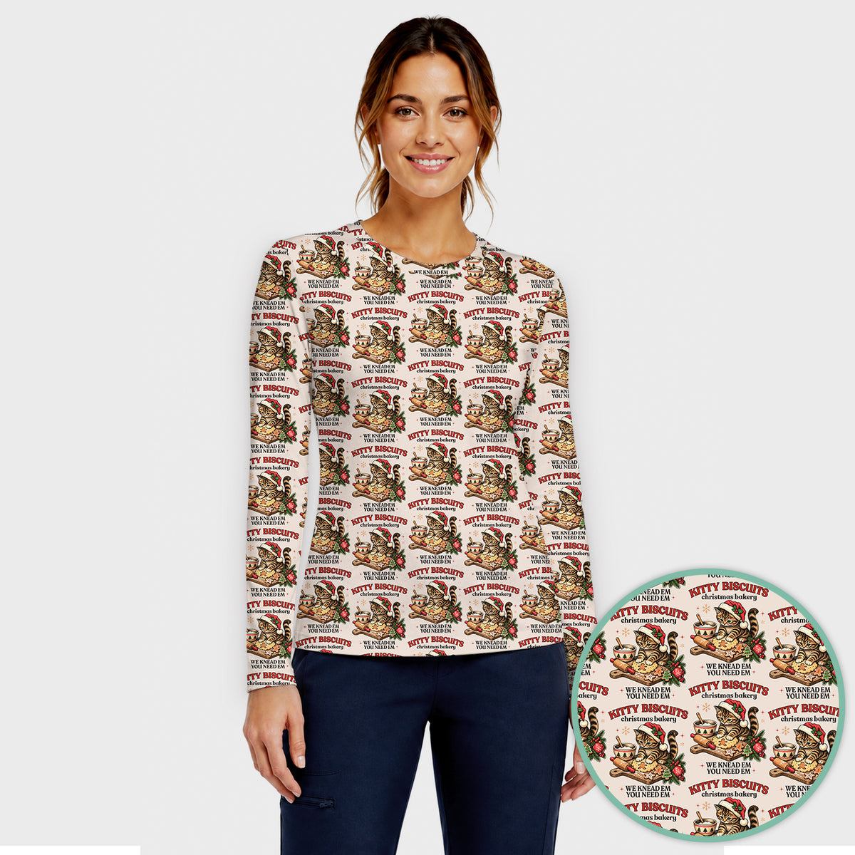 Christmas Santa And Gingerbread Pattern Underscrub, Long Sleeve Shirt for Nurses