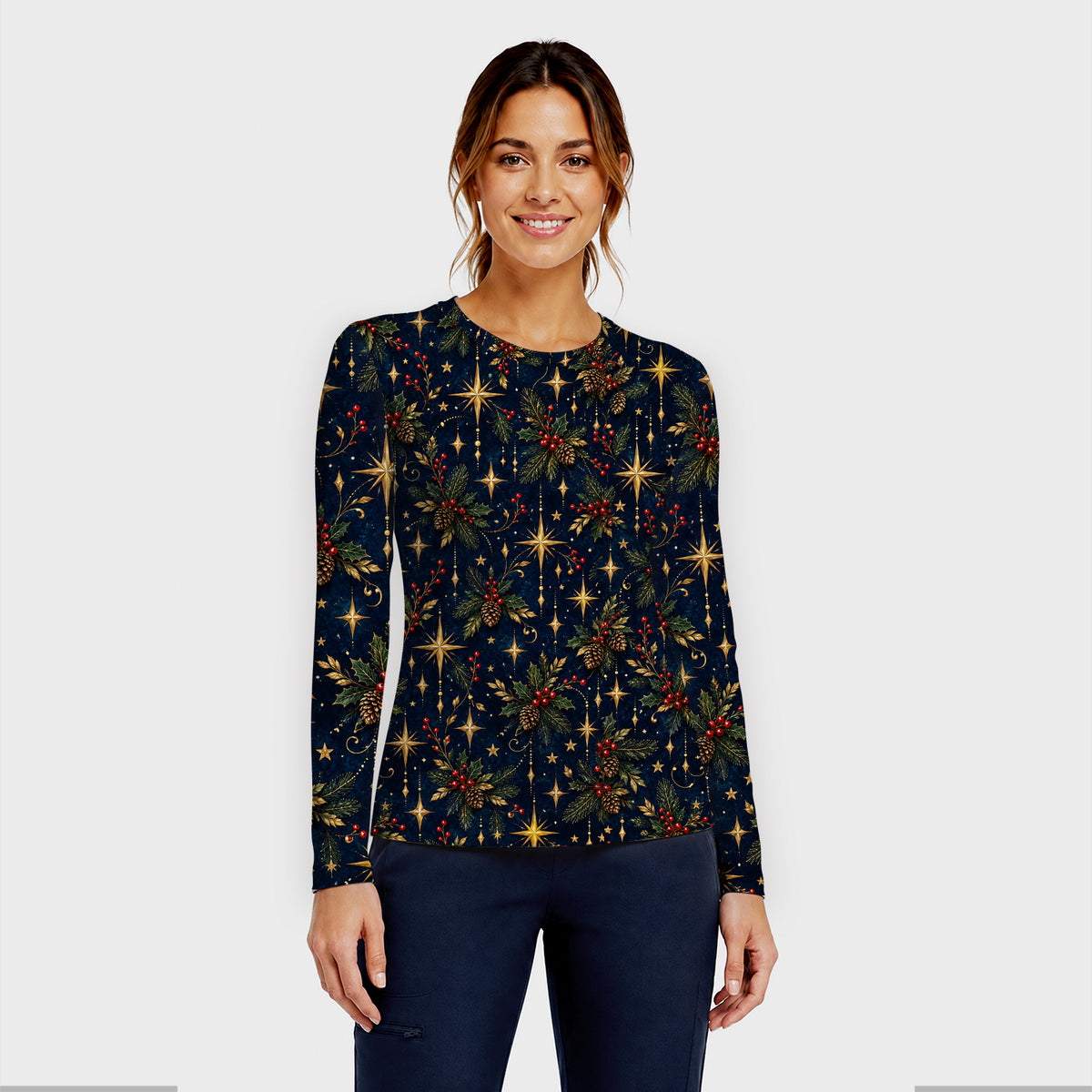 Elegant Christmas Gold Stars and Pinecones Pattern Underscrub, Long Sleeve Shirt for Nurses