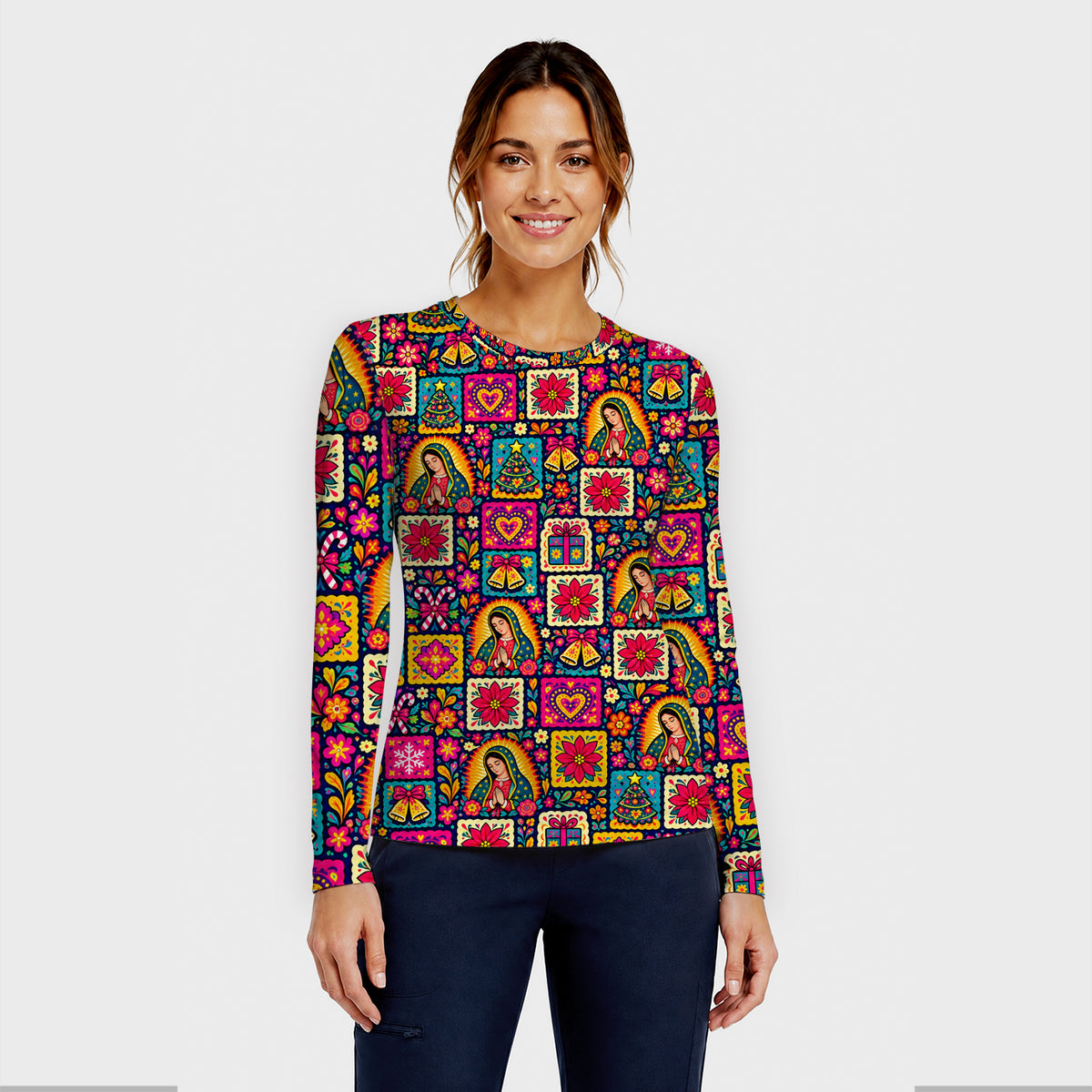 Our Lady of Guadalupe Christmas Folk Art Pattern Underscrub, Long Sleeve Shirt for Nurses