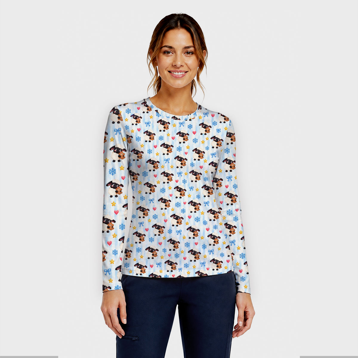 Cute Winter Lambs Holding Teddy Bears Underscrub, Long Sleeve Shirt for Nurses