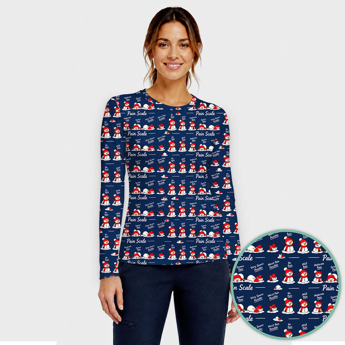 Funny Christmas Snowman Pain Scale Underscrub, Long Sleeve Shirt for Nurses