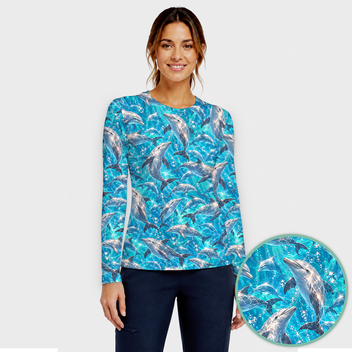 Blue Ocean Dolphin Pattern Underscrub, Long Sleeve Shirt for Nurses