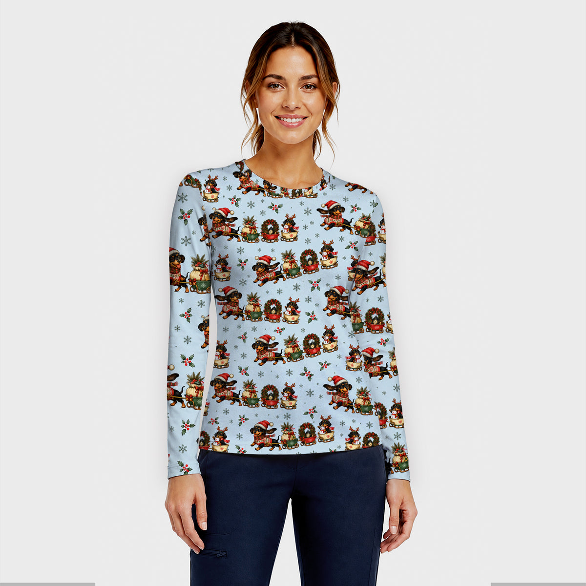 Christmas Dachshund Wagon Train Underscrub, Long Sleeve Shirt for Nurses