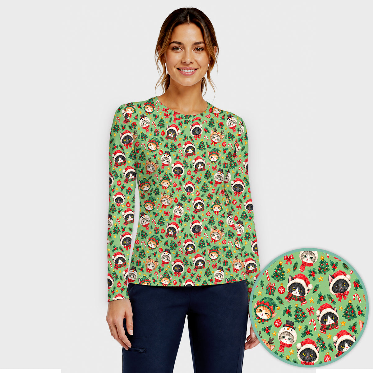 Christmas Cats And Trees Pattern Underscrub, Long Sleeve Shirt for Nurses