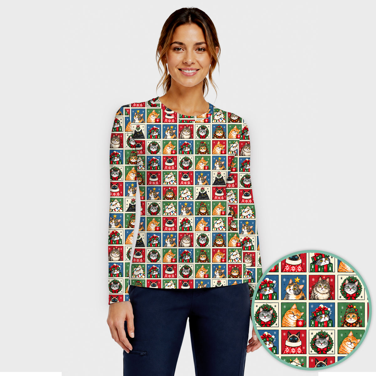 Cute Christmas Cat Patchwork Underscrub, Long Sleeve Shirt for Nurses