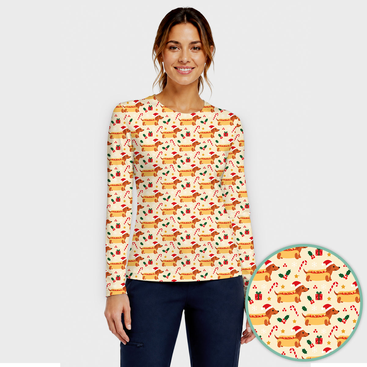 Funny Christmas Dachshund Hot Dog Underscrub, Long Sleeve Shirt for Nurses