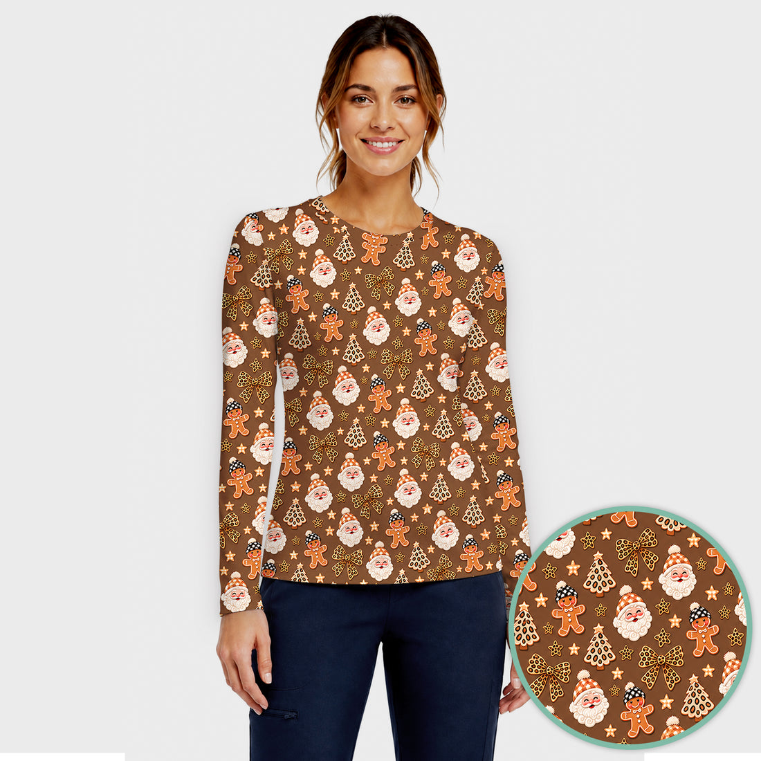 Funny Christmas Cat Baking Biscuits Pattern Underscrub, Long Sleeve Shirt for Nurses