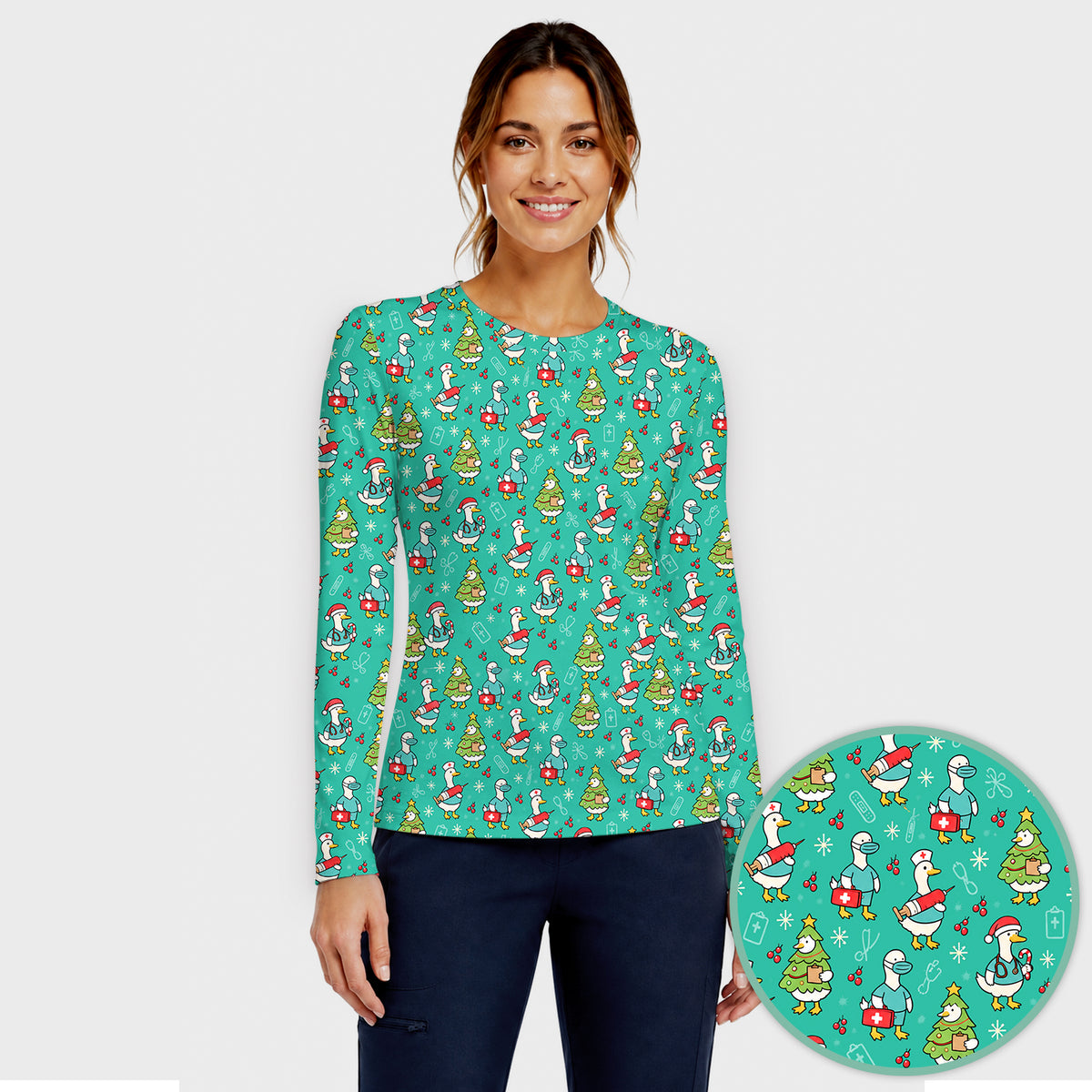Cute Christmas Nurse Goose Underscrub, Long Sleeve Shirt for Nurses
