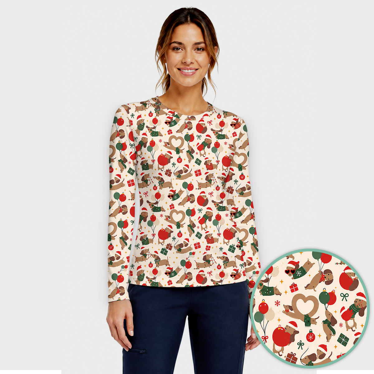Cute Christmas Dachshund Pattern Underscrub, Long Sleeve Shirt for Nurses