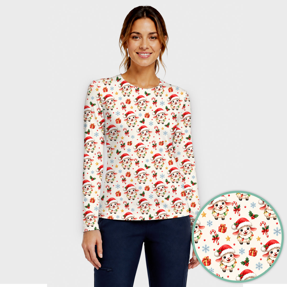 Christmas Lamb With Lights Underscrub, Long Sleeve Shirt for Nurses