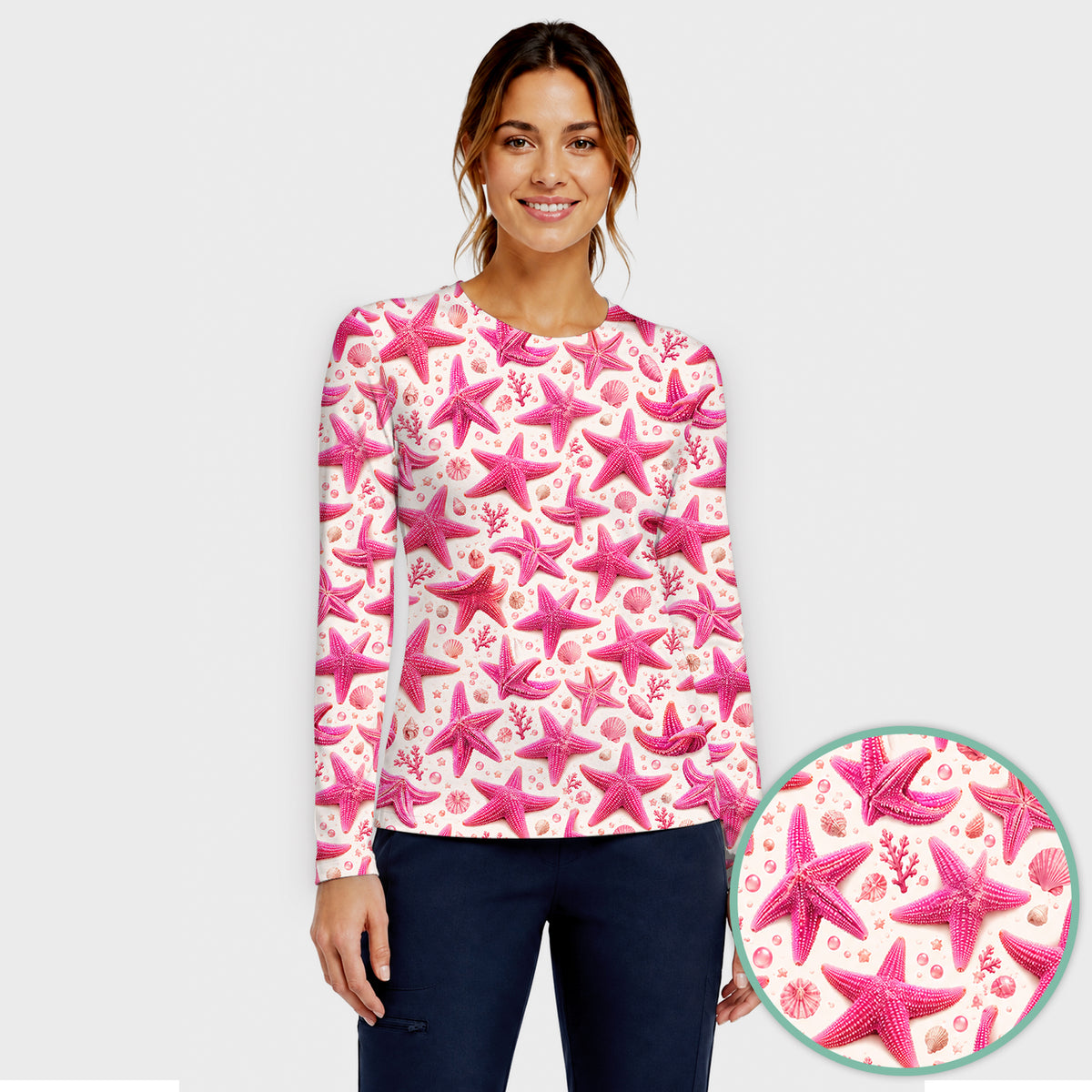 Pink Starfish And Seashell Pattern Underscrub, Long Sleeve Shirt for Nurses