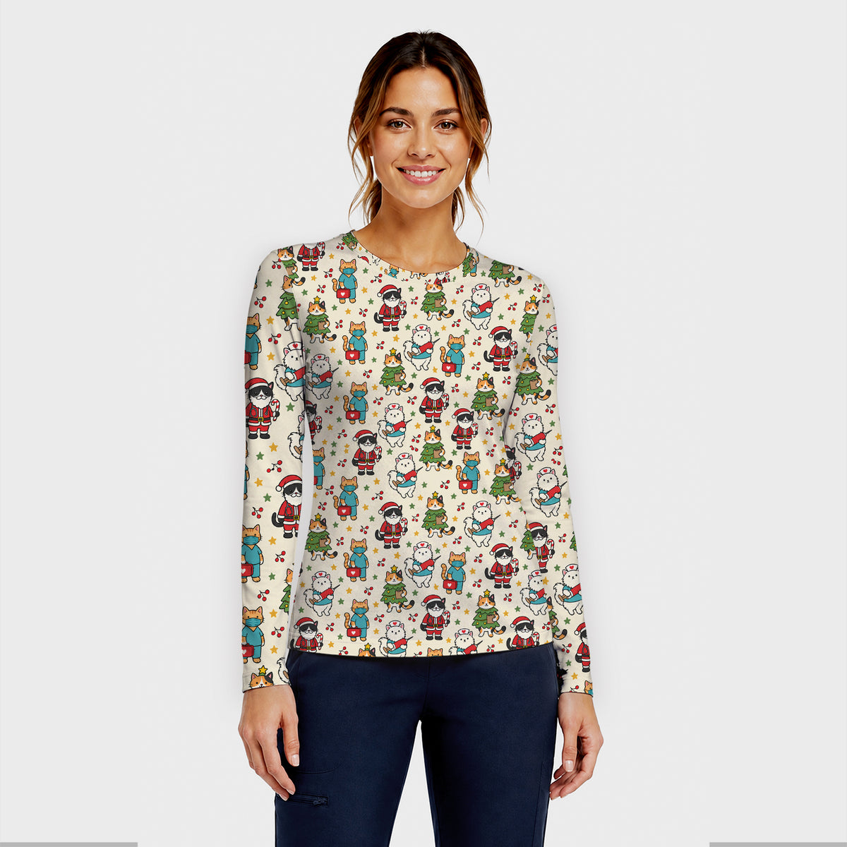 Christmas Cats In Nurse And Santa Outfits Underscrub, Long Sleeve Shirt for Nurses