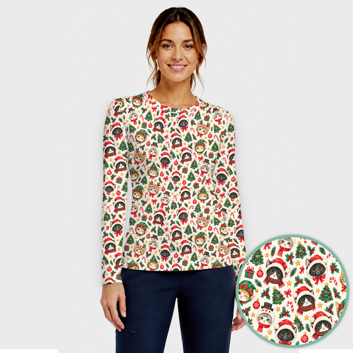 Christmas Cats And Trees Pattern Underscrub, Long Sleeve Shirt for Nurses