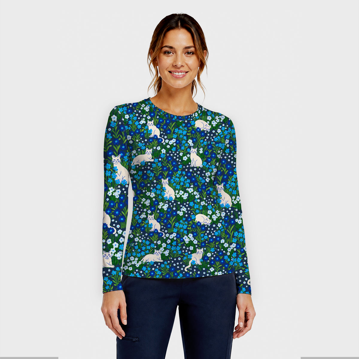 Cute White Cats And Blue Wildflowers Underscrub, Long Sleeve Shirt for Nurses