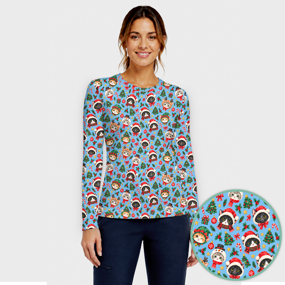 Christmas Cats And Trees Pattern Underscrub, Long Sleeve Shirt for Nurses
