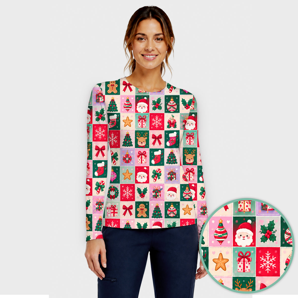 Cute Christmas Santa Patchwork Underscrub, Long Sleeve Shirt for Nurses