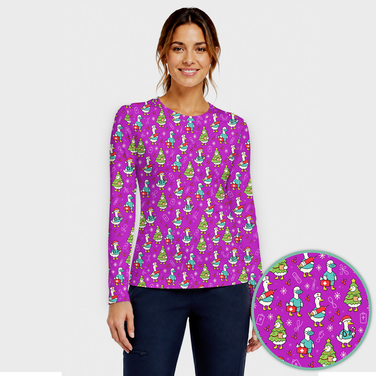 Cute Christmas Nurse Goose Underscrub, Long Sleeve Shirt for Nurses