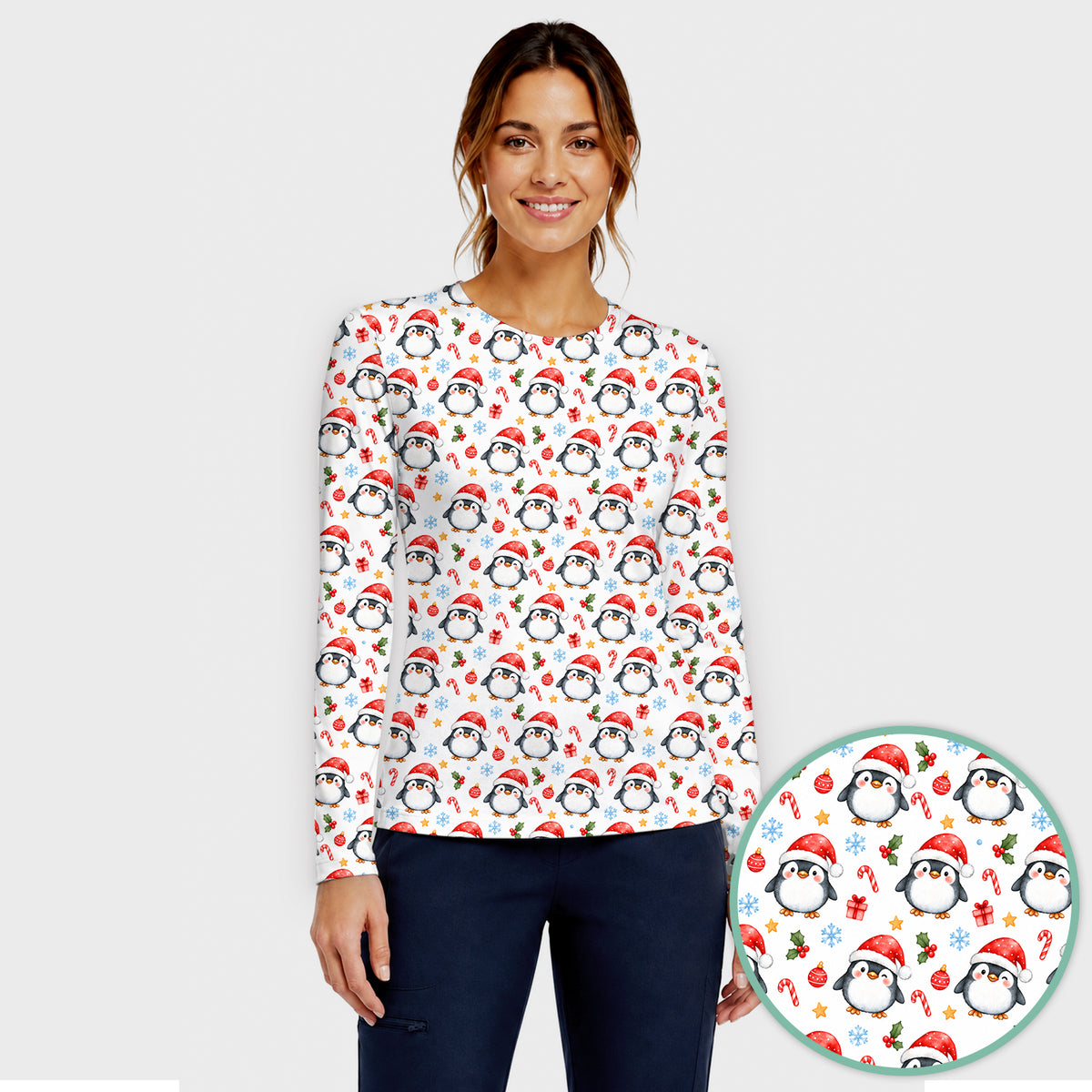 Christmas Penguins In Santa Hats Underscrub, Long Sleeve Shirt for Nurses