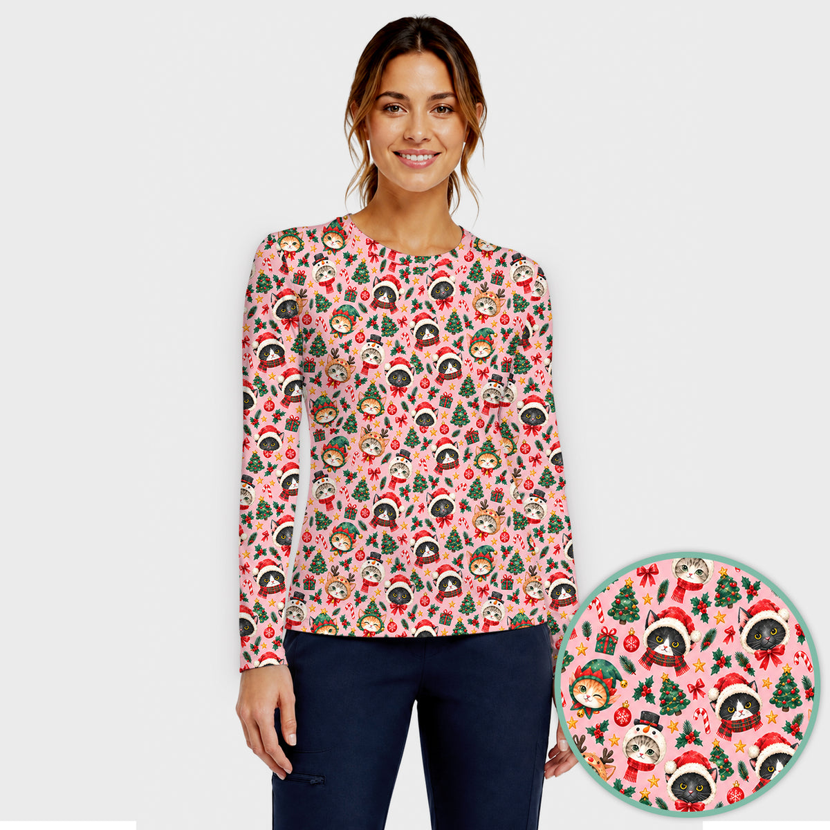 Christmas Cats And Trees Pattern Underscrub, Long Sleeve Shirt for Nurses