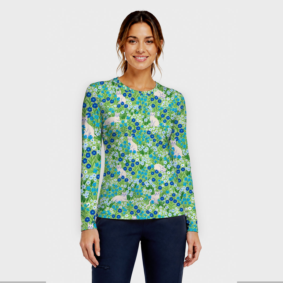 Cute White Cats And Blue Wildflowers Underscrub, Long Sleeve Shirt for Nurses