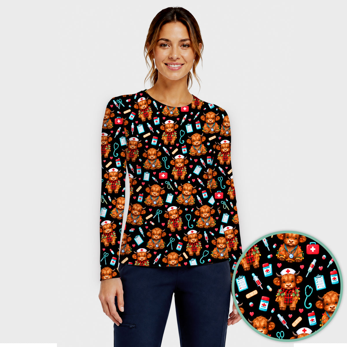 Cute Christmas Highland Cow Nurse Underscrub, Long Sleeve Shirt for Nurses