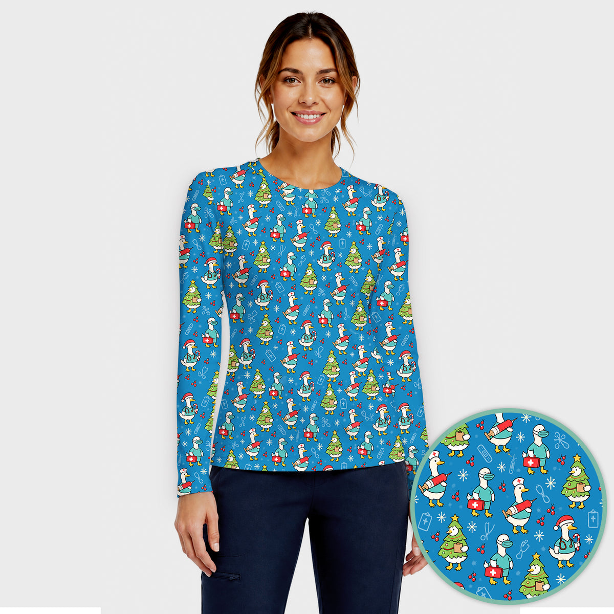 Cute Christmas Nurse Goose Underscrub, Long Sleeve Shirt for Nurses