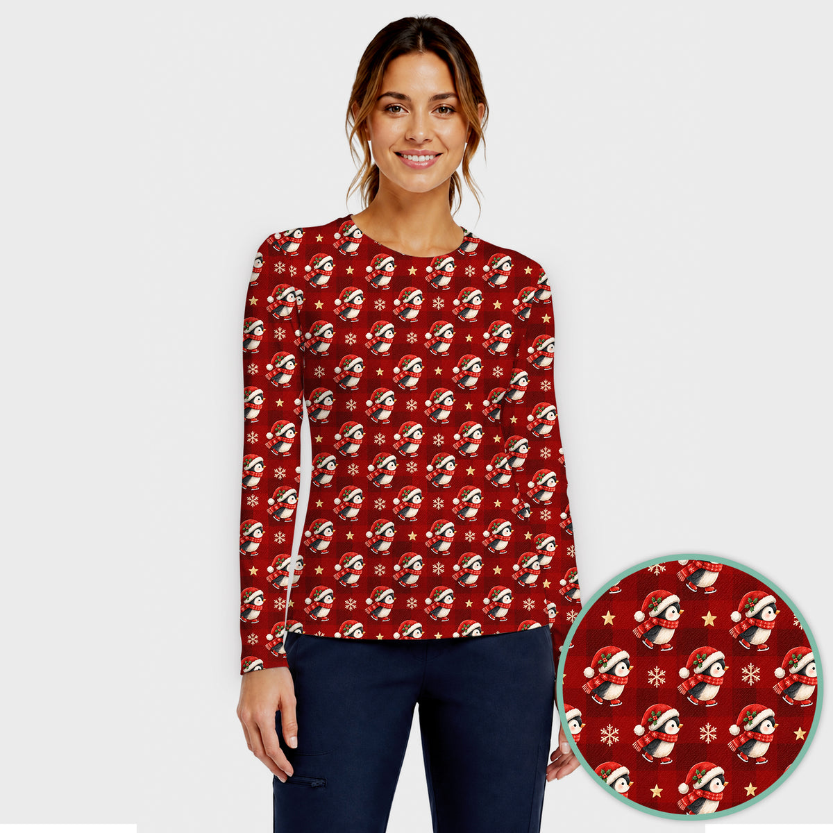 Cute Christmas Ice Skating Penguin Underscrub, Long Sleeve Shirt for Nurses