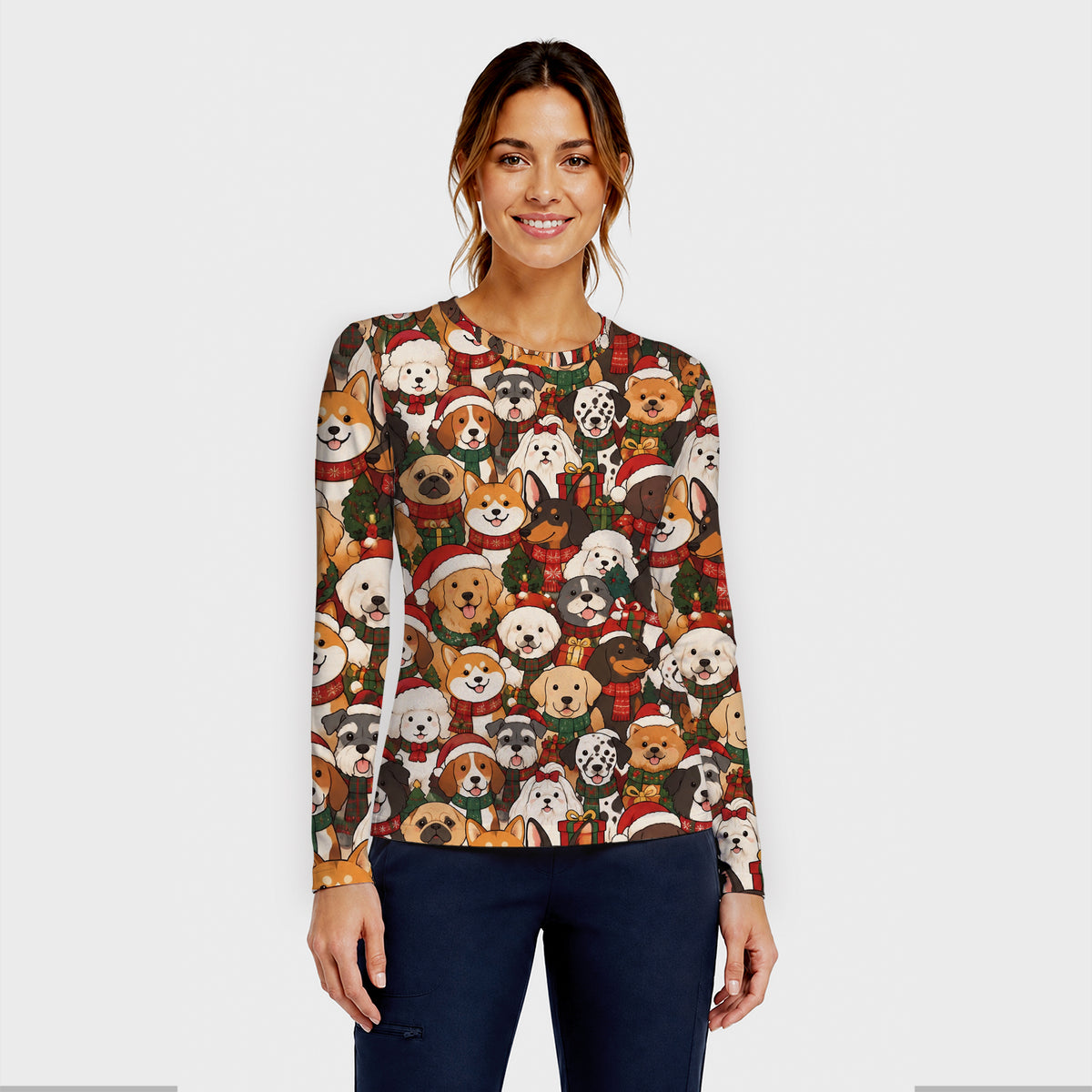 Christmas Dog Breeds Collage Pattern Underscrub, Long Sleeve Shirt for Nurses