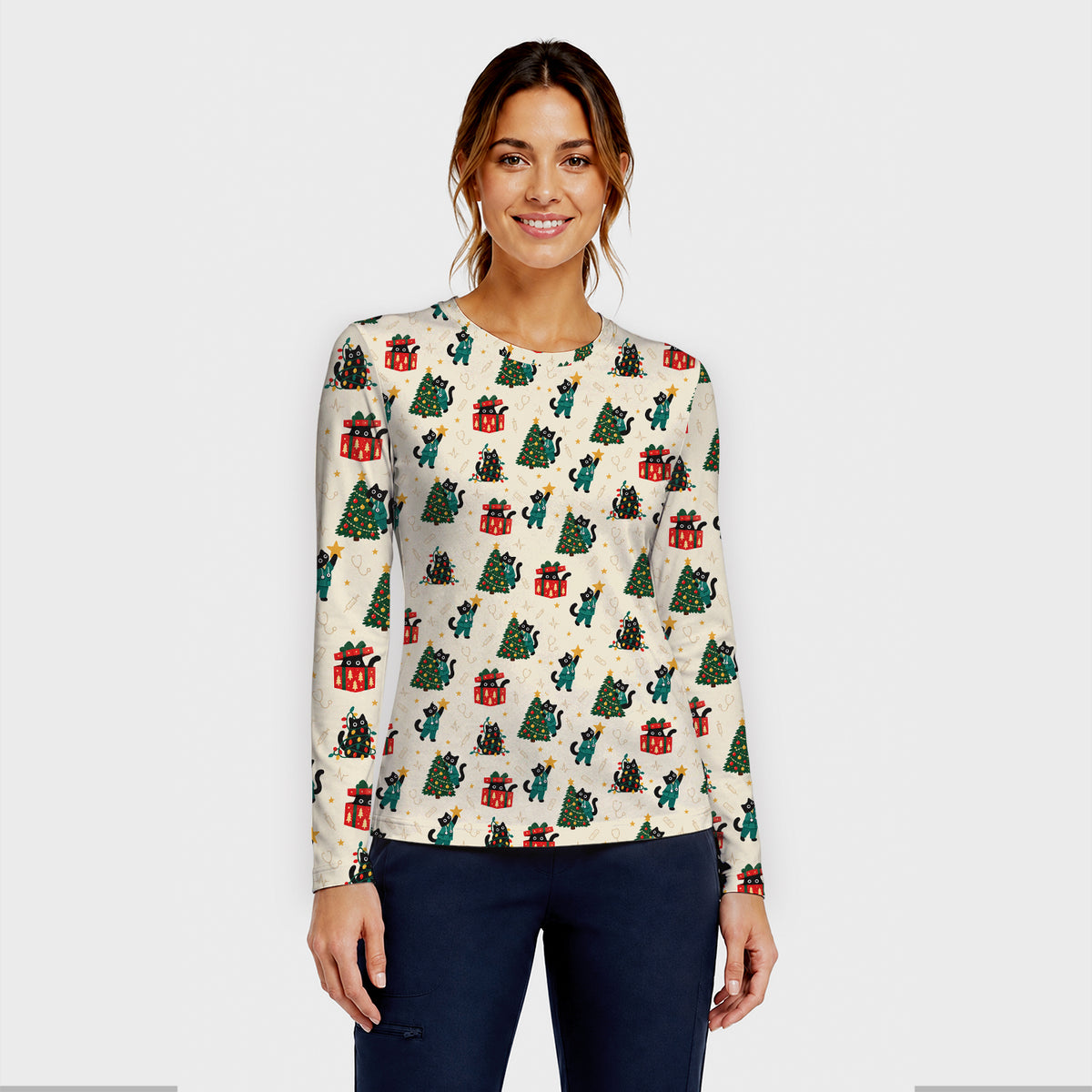 Christmas Black Nurse Cats And Trees Underscrub, Long Sleeve Shirt for Nurses