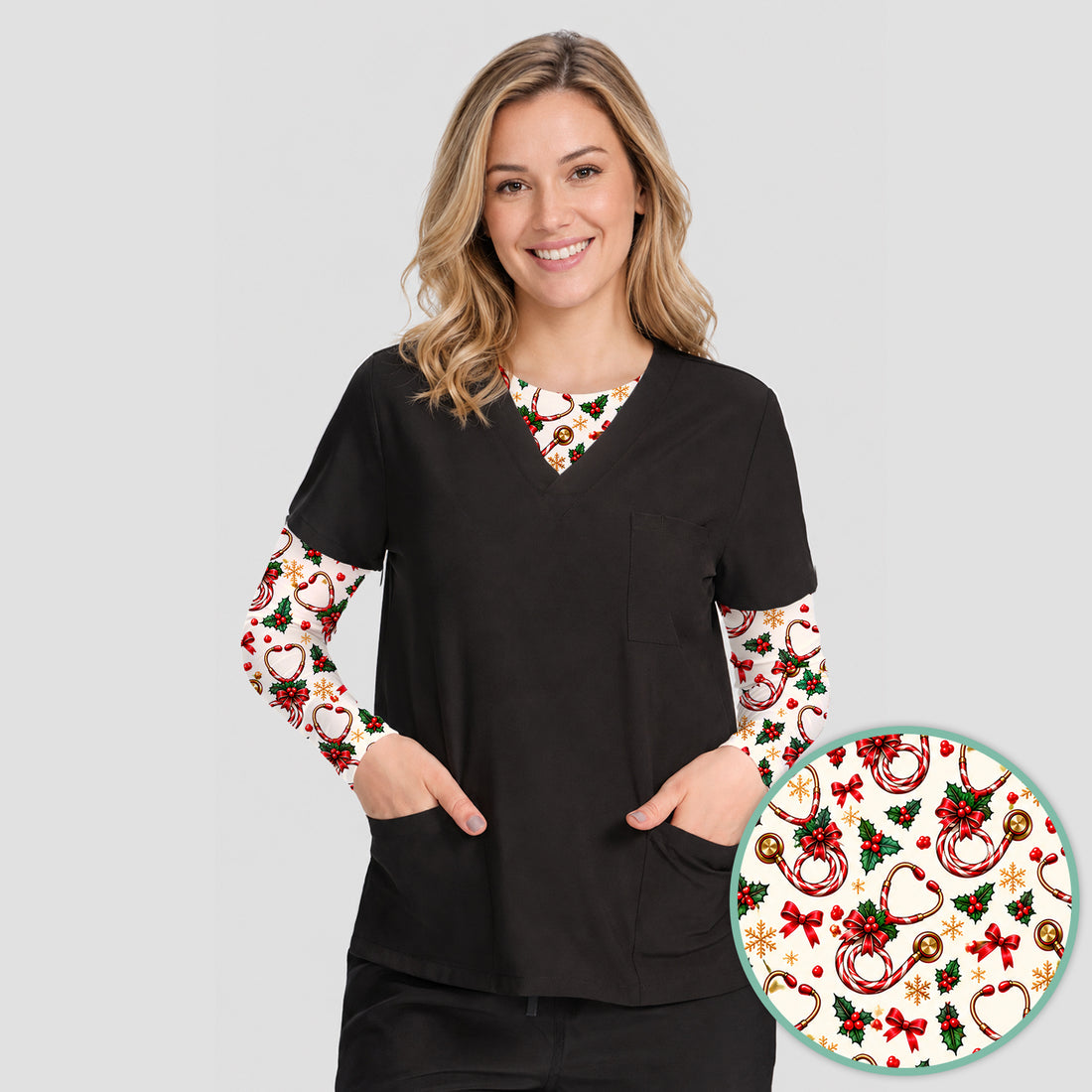Christmas Candy Cane Stethoscope Pattern Underscrub, Long Sleeve Shirt for Nurses