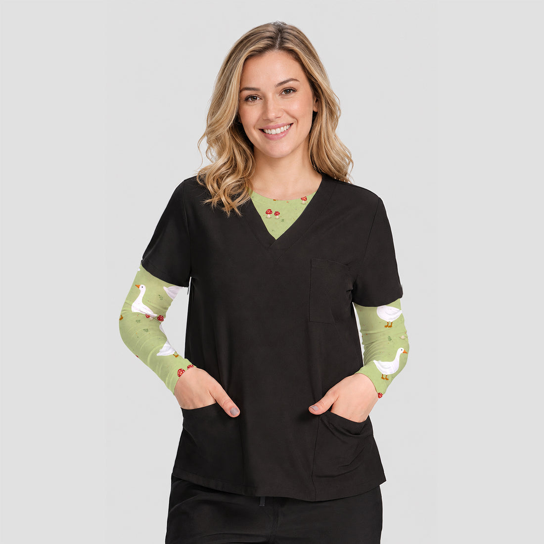 Cottagecore Goose And Mushroom Underscrub, Long Sleeve Shirt for Nurses