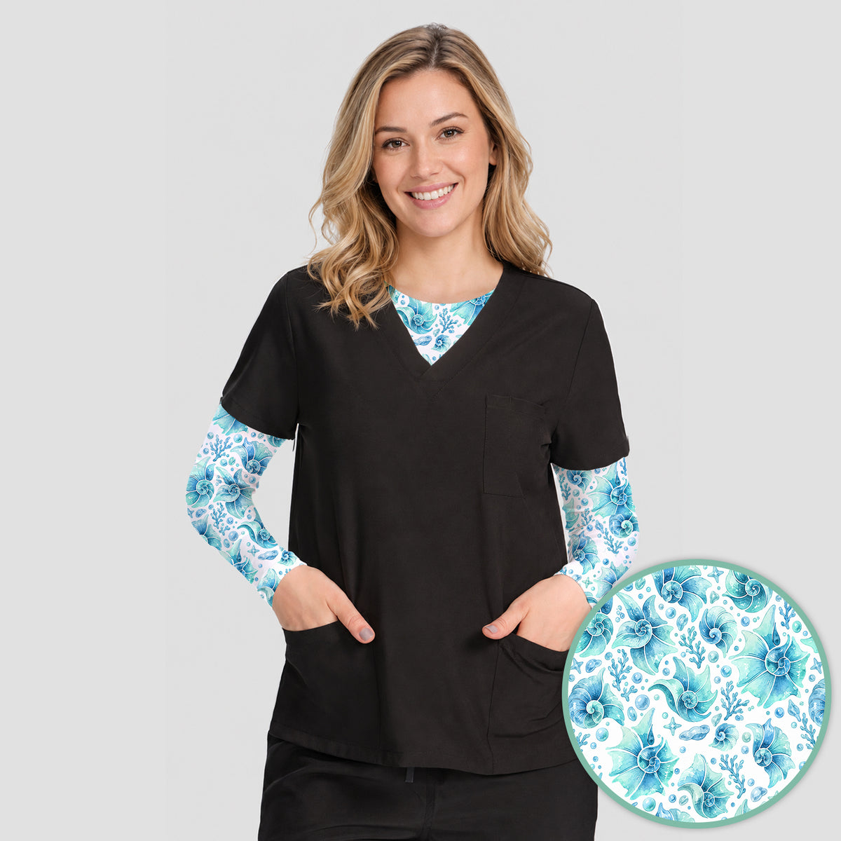 Blue Watercolor Seashell Pattern Underscrub, Long Sleeve Shirt for Nurses