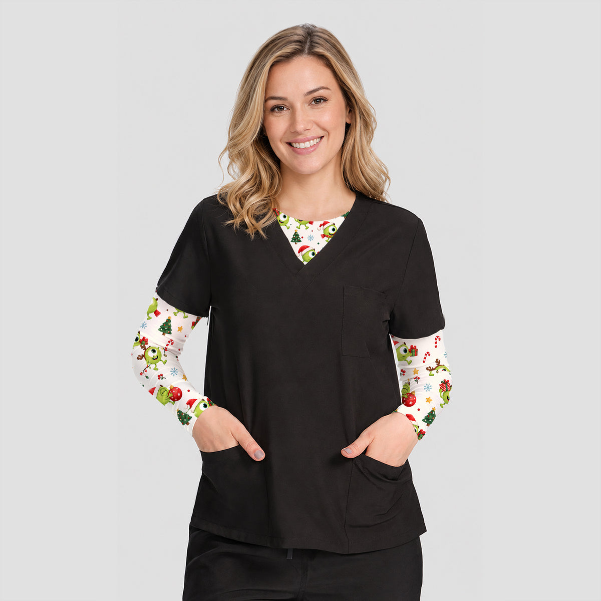 Christmas One Eyed Green Monsters Underscrub, Long Sleeve Shirt for Nurses