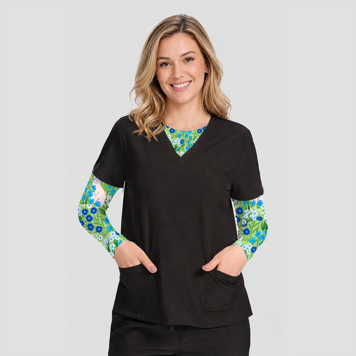 Cute White Cats And Blue Wildflowers Underscrub, Long Sleeve Shirt for Nurses