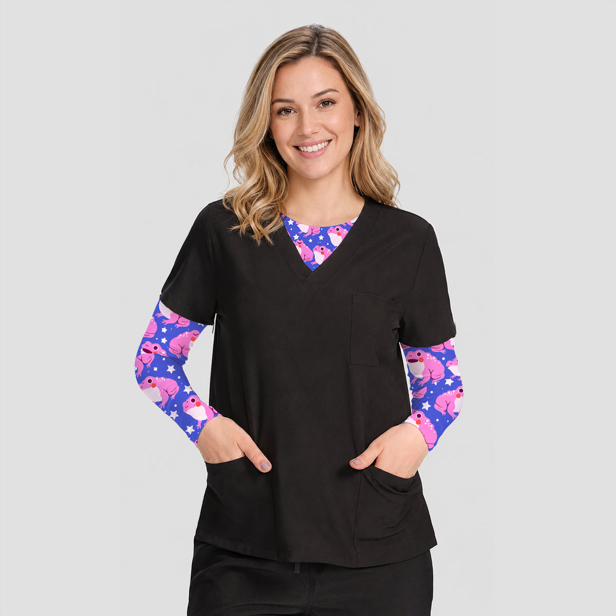 Cute Pink Frogs with Stars Pattern Underscrub, Long Sleeve Shirt for Nurses