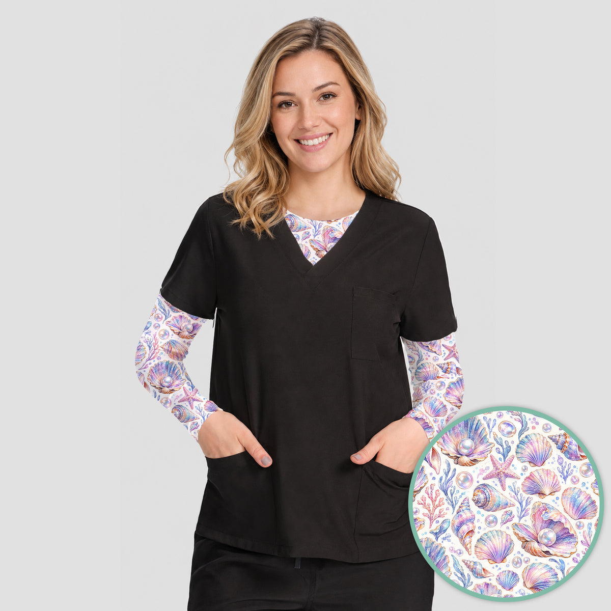 Pastel Seashell And Pearl Pattern Underscrub, Long Sleeve Shirt for Nurses