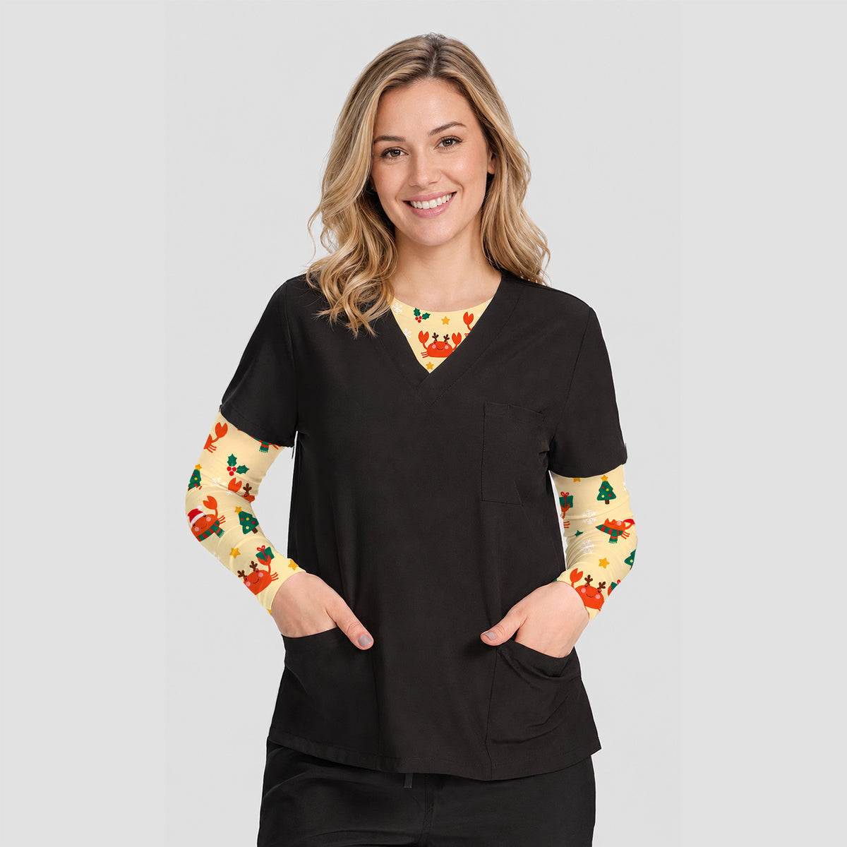 Christmas Crabs And Trees Pattern Underscrub, Long Sleeve Shirt for Nurses
