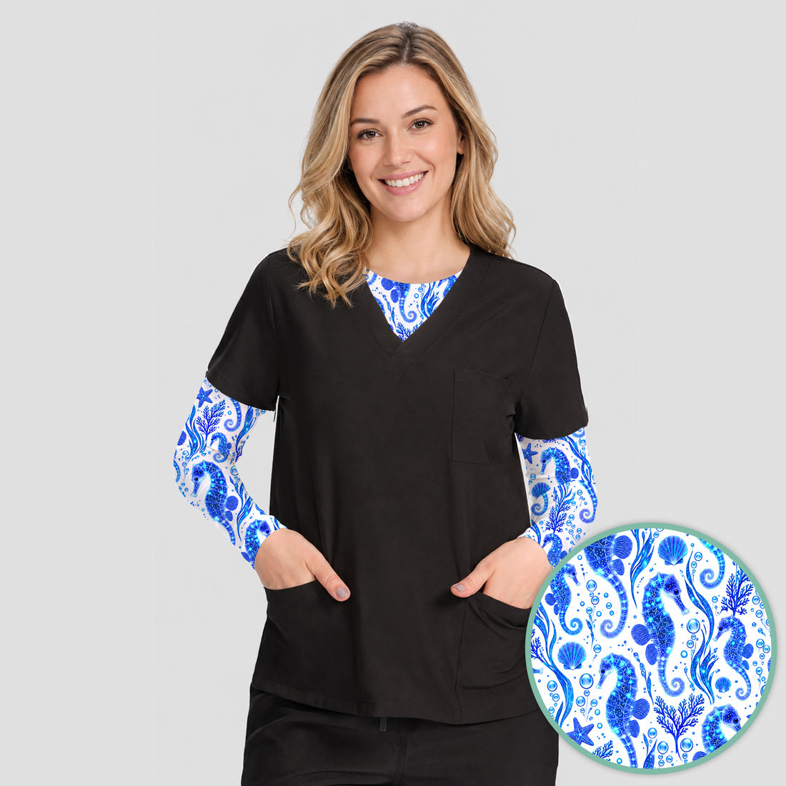 Blue Ocean Seahorse Pattern Underscrub, Long Sleeve Shirt for Nurses